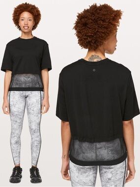LULULEMON Lab Geo SS Half Mesh Top Tee Shirt in Black Sz. Small 4 RARE HTF